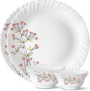 Larah by Borosil Red Bud Silk Series Opalware Dinner Set | 6 Pieces for Family of 2 | Microwave & Dishwasher Safe | Bone-A... Price In India