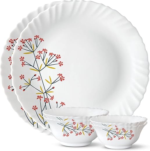 Larah by Borosil Red Bud Silk Series Opalware Dinner Set | 6 Pieces for Family of 2 | Microwave &amp; Dishwasher Safe | Bone-A...