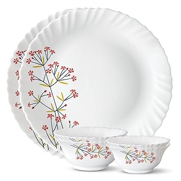 Red Bud Silk Series Opalware Floral Dinner Set | 6 Pieces for Family of 2 | Microwave & Dishwasher Safe | Bone-Ash Free | Crockery Set for Dining & Gifting | Plates & Bowls | White