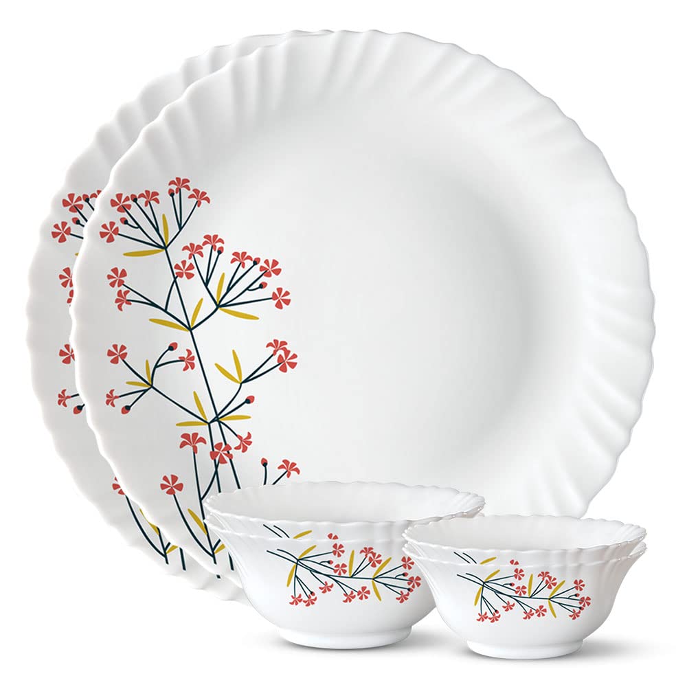 Larah by Borosil Red Bud Silk Series Opalware Floral Dinner Set | 6 Pieces for Family of 2 | Microwave & Dishwasher Safe | Bone-Ash Free | Crockery Set for Dining & Gifting | Plates & Bowls | White (B0BT7WDWBJ) Amazon Price History, Amazon Price Tracker