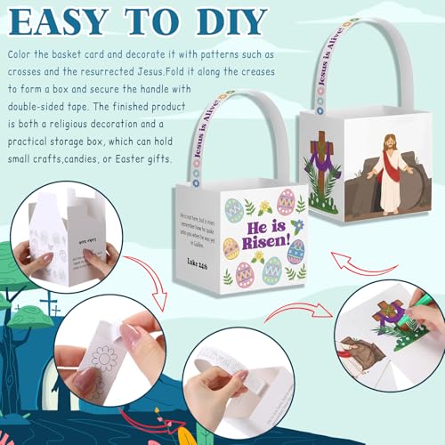 Motipuns 24 Sets Religious Easter Coloring Craft for Kids He is Risen Basket Christian Resurrection DIY Cross Gift Jesus is Alive Easter Eggs Decor for Palm Sunday School Holy Week Classroom Church by Motipuns - Image 3