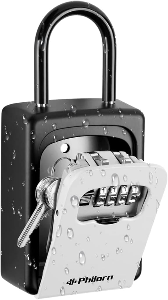 PHILORN Key Lock Box, 4-Digit Combination Lockbox | Resettable Code - Weatherproof - Wall or Door Mounted | Top Security, Ultra-Sturdy Key Safe for Jewelry, Card, House Key Storage (Gray Portable)