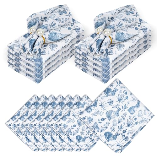 AnyDesign Easter Cloth Napkins Cotton Napkins Blue White Retro Bunny Rabbit Floral Washable Decorative Fabric Dinner Towel for Spring Wedding Birthday Holiday Party Supplies, 8 Pcs