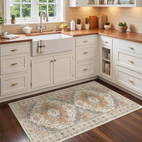 Madane Washable Area Rug 2x4, Small Entryway Rug Non-Slip Vintage Door Mat Indoor Entrance, Low Pile Floor Carpet Runner for Inside Front Door Kitchen Entry Laundry, Turmeric/Grey