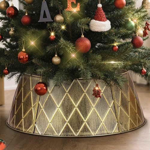 Lanpn Metal Christmas Tree Collar 70cm, Christmas Tree Ring Collar for Medium Xmas Stand Cover Real Artificial Trees Indoor Outdoor Decoration (Gold, Diamond)
