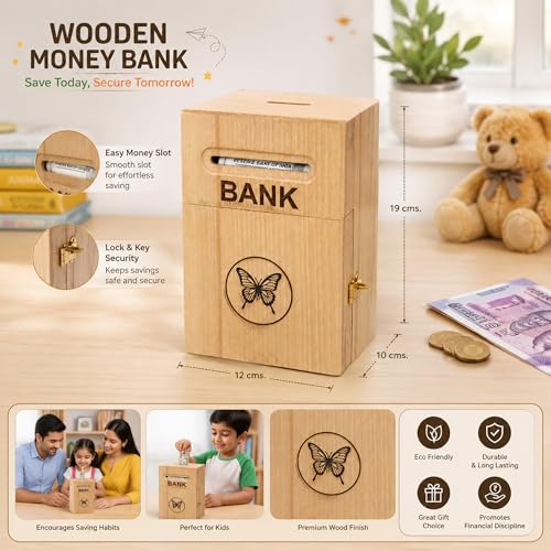 Image of ITOS365 Butterfly Wooden Money Bank for Kids | Wooden Savings Box with Coin Slot | Reusable Cash Saving Bank | Educational Piggy Bank for Boys & Girls