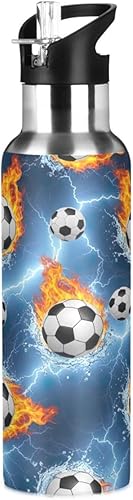 Soccer Balls Water Flames Insulated Water Bottle 32 Oz, BPA-Free Sport Water Bottle Insulated Leakproof Water Bottles