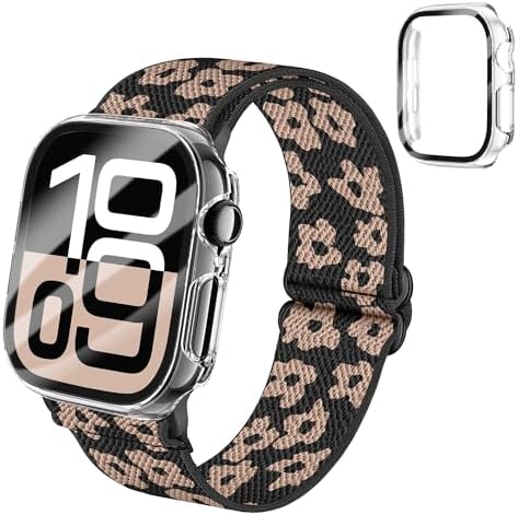 Braided Stretchy Elastic Loop Band with Case Compatible with Apple Watch 40mm 41mm 42mm 44mm 45mm 46mm 38mm 49mm, Nylon Elastic Solo Loop and Protective Cover with Screen Protector for iWatch Series 10 9 8 7 SE 6 5 4 3 2 Ultra 2 SE women men