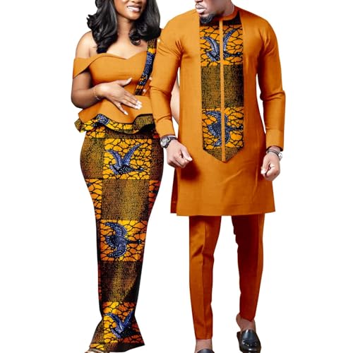 TDJDYQU Costume De Couple Africain Femmes Imprimer Robe Match Hommes Ankara Tenues Haut Et Pantalon Ensembles Batik Coton(Style1,Men-4XL)