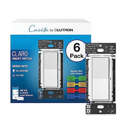 Lutron Claro Smart Switch for Caseta Lighting, for LED Lights, Fans, 5 Amp, Single-Pole/3-Way, Neutral Required, DVRF-5NSS-WH-6, White, 6 Pack