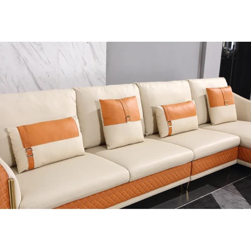 Image of Sofa Set T&T Co. Unique Verstile Design 3 Seater Sofa and 1 Chaise Luxury Imperia Collection Cushion Back with Upholstered Soft Touch Premium Leatherette for Living Room Loung (Orange & Beige)