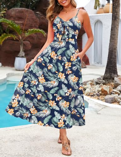 Image of Kranda Women 2026 Summer Sundress High Waist Tie Front Spaghetti Strap Long Beach Floral Tiered Maxi Dress with Pockets