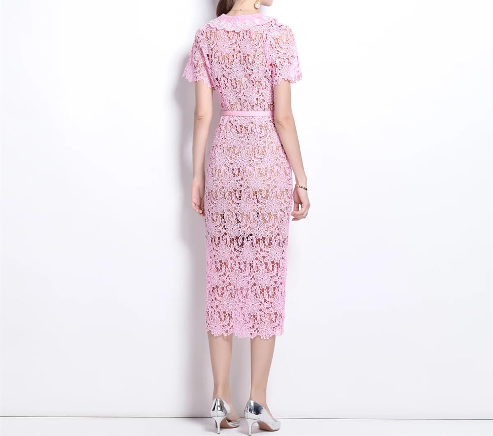 Vestido de encaje de verano for mujer - Vestido ajustado midi de manga corta for bodas, fiestas y días festivos - Rosa M(6)