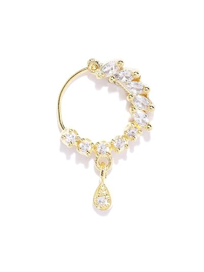 Priyaasi Elegant American Diamond Nose Ring for Women & Girls| Bridal Nath for Women | Leaf Drop Design | Small | Gold Nose Ring (Plated)