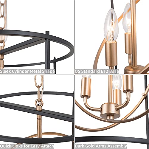 Modern Black and Gold Chandelier, 3-Light Slender Drum Pendant Lighting Fixture, Height Adjustable for Dining Room, Bedroom, Kitchen Island, Foyer, Entryway, 14”D x 18”H - Image 3