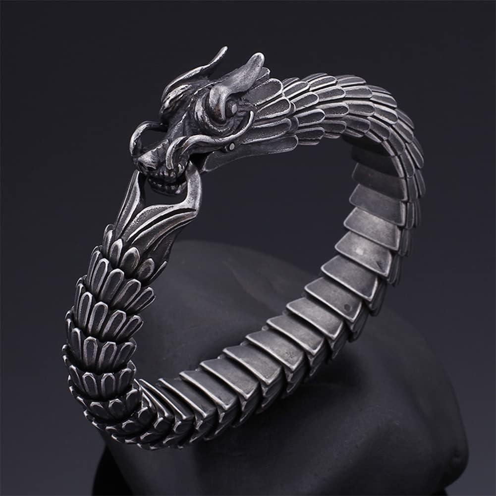 Ouroboros - Jormungandr Viking Bracelet, Men Stainless Steel Heavy Handmade Punk Vintage Biker Snake Wrist Chain, Novelty Nordic Serpent Dragon Amulet Ethnic Jewelry Cuff Bangle,Style 2 black,21cm