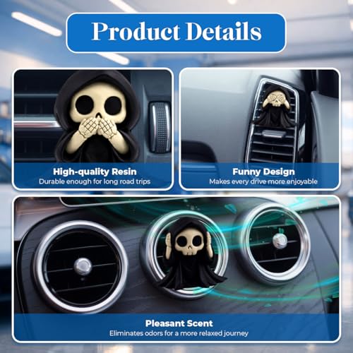 Image of GENANY 3D Resin 3 Pack Grim Reaper Car Vent Clip Air Freshener, Resin Automotive Freshener Set with Gothic Skull Hooded Designs, Horror-themed Accessories and Creepy Auto Decor for Gothic Fans