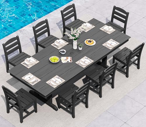 Image of SERWALL 9 Piece 84 inch HDPE Outdoor Dining Set for 8 with Armless Chairs and Umbrelle Hole, Black