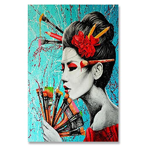 HJKLP Japonais Geisha Robe Murale Tableaux Coloré Graffiti Art Toile Tableau Peinture Femme Portrait Affiches Et Gravures pour Salon Decoration 60x80cm Pas De Cadre Cover