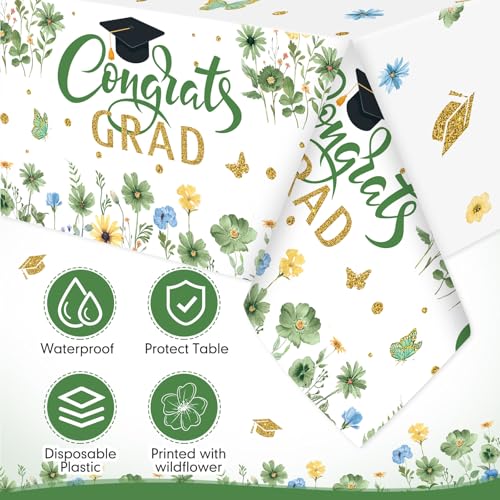 Image of Ganeen 3 Pcs Graduation Tablecloth Floral Class of 2026 Congrats Grad Table Cloths Green Disposable Plastic Rectangle Table Cover for 2026 Graduation Decorations Grad Party Supplies, 54 x 108 Inch