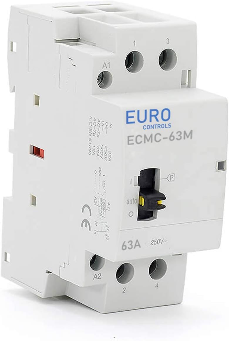 EuroControls Din Type 63 Amps 2 Pole Modular Power Contactor 220 Volt AC with Manual Override - Low Switching Noise - 2 Pole Mcb size