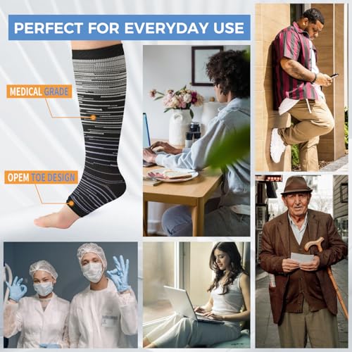 Image of Open Toe Compression Socks for Men & Women - 3 Pairs 15-20 mmhg Toeless Knee High Stockings for Circulation, Nursing, Running