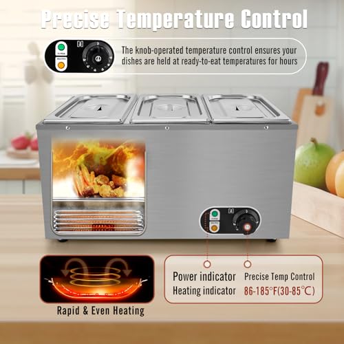 3-Pan Commercial Food Warmer,1500W Electric Commercial Food Warmer, 3-Pan Steam Table 6.9 QT with 86-185°F Temp Control for Catering and Restaurants