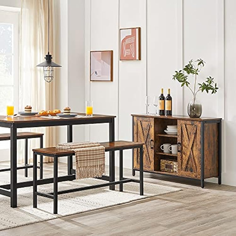 VASAGLE Dining Bench, Pair of 2, Industrial Style, Steel Frame, for Kitchen, Living Room, 12.8 x 42.5 x 19.7 Inches, Rustic Brown + Black,UKTB33X