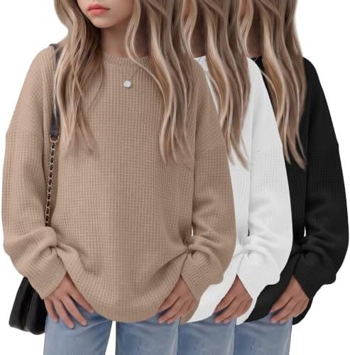 Hyggeweir Girls’ Oversized Sweatshirts Waffle, 3-Color Set, 5-6 Years
