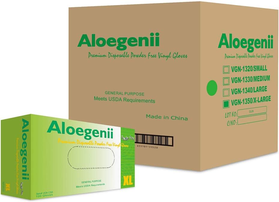 Aloegenii Green Vinyl Disposable Gloves, Latex Free, Powder Free, Medium Weight, 4 mil, Case of 1000, XL, Cleaning, Food Service, Pet Care, Housework