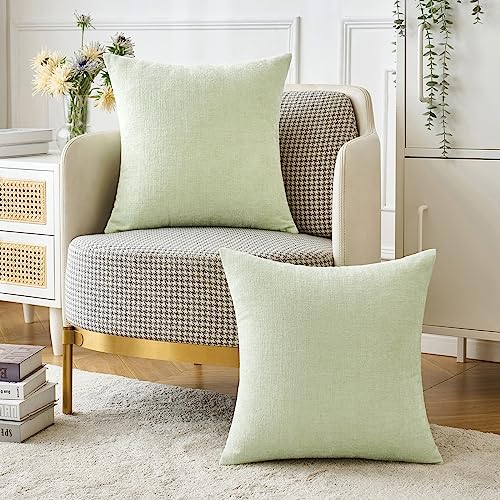 Image of MIULEE Pack of 2 Spring Light Green Couch Throw Pillow Covers 20x20 Inch Soft Chenille Pillow Covers for Sofa Living Room Solid Dyed Pillow Cases