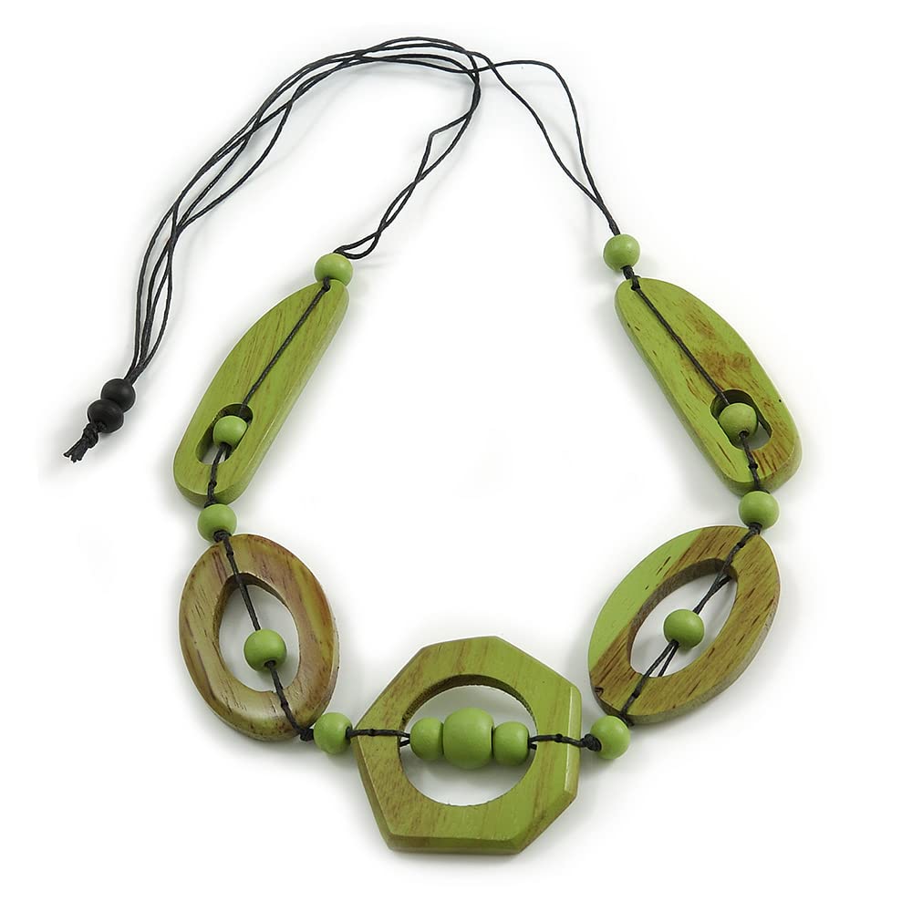 Collana Lunga In Corda Nera Con Perline Di Legno Dipinte Arancioni - Design Geometrico - Avalaya