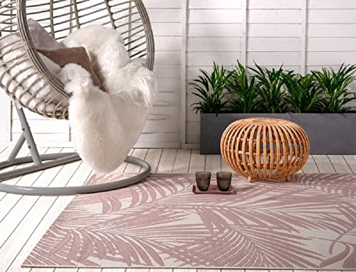 Image of Lord of Rugs Patio Palm Garden Botanical Leaf Flatweave Indoor Outdoor Rug Floor Mat Large Carpet 160x230cm (5'3"x7'7") Pink Palm PAT21