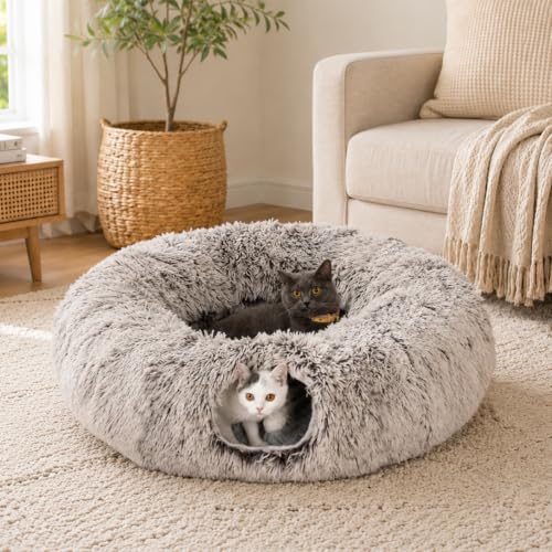 LUCKITTY Warm Fluffy Plush Cat Tunnel Bed Under Christmas Tree Big Tube Playground Toys 3 FT Diameter Longer Crinkle Collapsible 3 Way for Indoor Cat Kitty Kitten Puppy Rabbit Ferret Brown