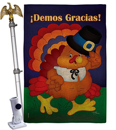 Breeze Decor ¡ Demos Gracias Burlap House Flag Eagle Set Falltime Thanksgiving Turkey Give Thanks Gobble Pumpkin Season Autumntime Cornucopia Banner Small Garden Yard Gift Double-Sided, Made in USA