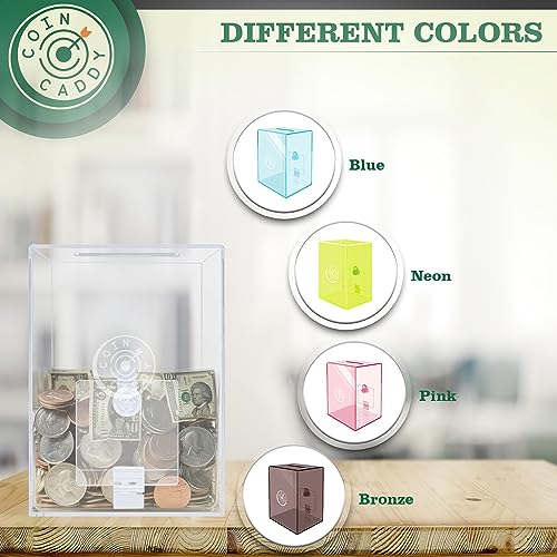 Coin Caddy Clear Piggy Bank for Adults Kids - Large & Sturdy Personal Money Jar for Cash Saving with Key - Acrylic Money Saving Box for Vacation, Wedding, Birthday Gifts & Fun, Transparent Piggy Banks