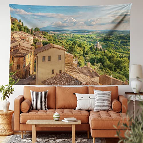 Lunarable Tuscan Tapestry, Scenic Sunset Rural Landscape Panorama Cypresses Forest Hills Greenery Blue Sky Clouds Print, Fabric Wall Hanging Decor For Bedroom Living Room Dorm, 45" X 30", Ivory Green #TOP1