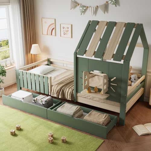 Lubvtti Letto per bambini 90x200cm con 2 cassetti,letto a forma di casetta con tetto e finestra,con davanzale in...