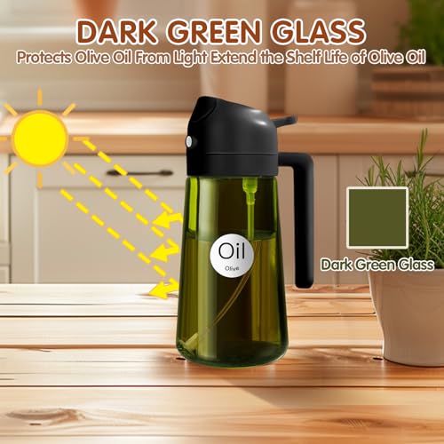 YARRAMATE 16oz/470ml 2PCS Light Blockage Dark Oil Sprayer for Cooking, 2 in 1 Olive Oil Dispenser Bottle for Kitchen, Green Glass Oil Bottle, Food-Grade Oil Mister for Air Fryer, BBQ (Black & Green) by YARRAMATE - Image 2