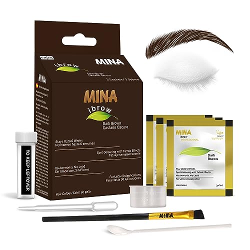 MINA ibrow Henna - Kit de tinte semipermanente con pincel para tintado y coloración profesional, cubre el cabello gris, se mantiene hasta 6 semanas (30 aplicaciones) (marrón oscuro)