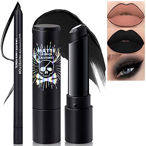Hosaily 2 Pcs Black Matte Lipstick And Lip Liner Set For Halloween And Cosplay Makeup, Non-Stick Cup Velvet Waterproof And Long Lasting Lip Gloss Dark Matte Lipstick And Lipliner Set Makeup #TOP8