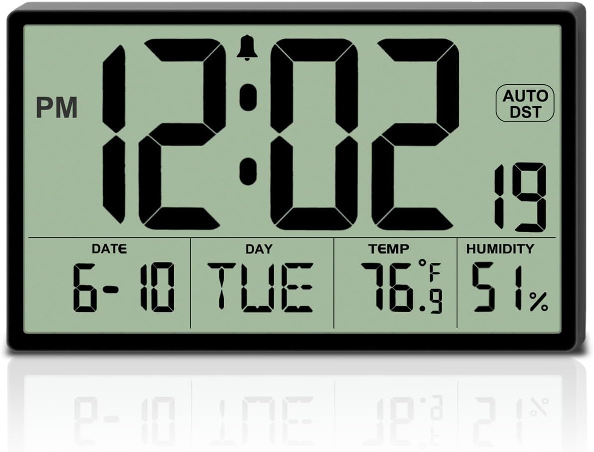 9‘’ Narrow Bezels Battery Operated Digital Wall Clock with Temperature and Humidity - Auto DST, Large 2⅝'' Digits, 5-Level Volume Alarm (3 AA Included) - Wall Mount/Desktop for Office Bedroom Kitchen