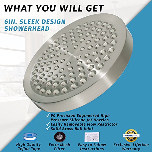 Showermaxx, Luxury Spa Series, 6 Inch Round High Pressure Rainfall Shower Head, Maxx-Imize Your Rainfall Experience With Rain Showerhead In Brushed Nickel Finish #TOP4