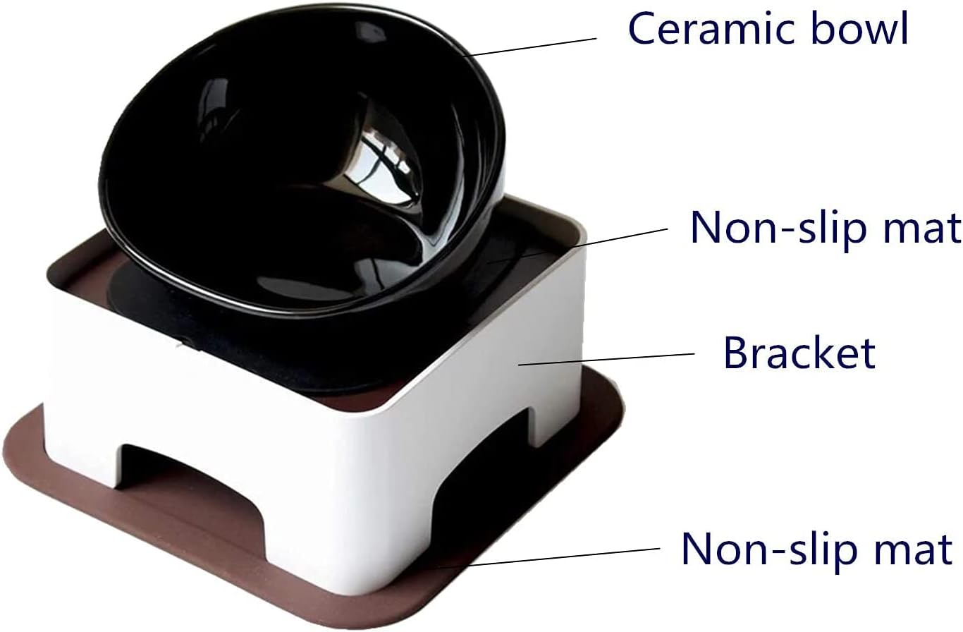 Ceramic Bulldog Bowl Dog Feeding Bowl - Dog Dish Wide Mouth Pet Sterile Tilted Pet Feeder with Anti-Skid Rubber Mat for Small Medium Dogs (Black)