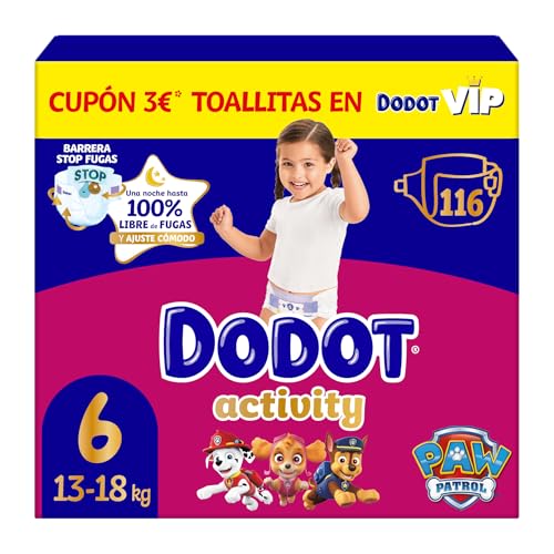 Dodot Pañales Bebé Activity, Talla 6 (13-18 kg), 116 Pañales, Hasta 12h de Protección Antifugas y Ajuste, Pack Mensual