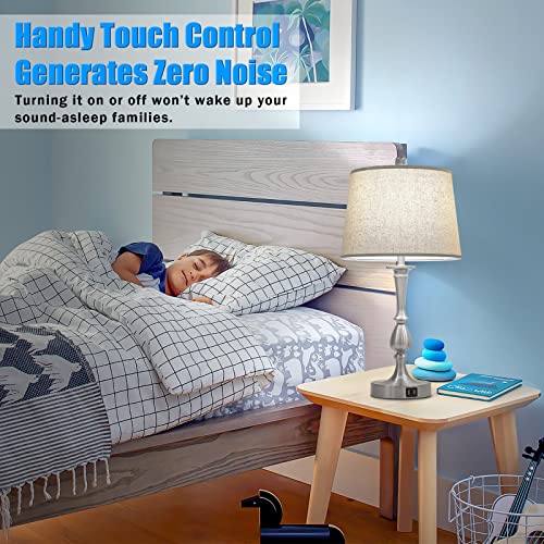 3-Way Vintage Touch Table Lamps With Daylight 5000K Led Bulbs Set Of 2, Bright Farmhouse Silver Bedside Lamps With 2 Usb Charging Ports For Bedroom Nightstand Living Room Office Hotel, Brushed Nickel #TOP3