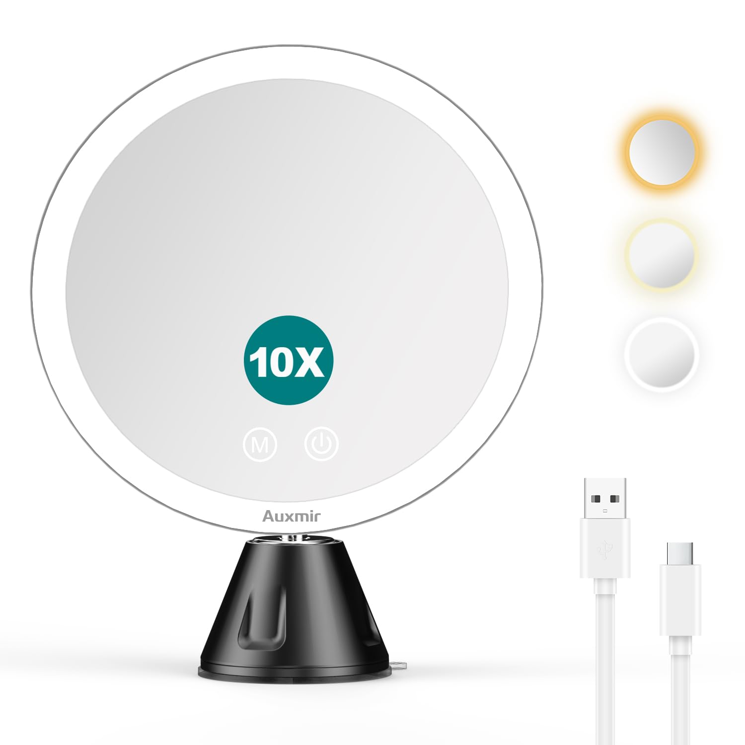 Auxmir Espejo Maquillaje con Luz LED, 10X Espejo Aumento de Baño con Ventosa, 2000 mAh USB Recargable, 360 Rotación, 3 Colores Ajustables, Portátil, para Afeitado Depilación Cejas Viaje, Negro