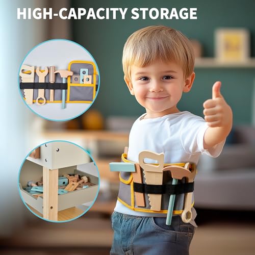 Kids Tool Set,Wooden Tools Bench with Apron Toddler Toy Workbench with Realistic Tools Electric Drill STEM Construction Toy Gifts for Age 3-9 Boys Girls by Toywoo - Image 3