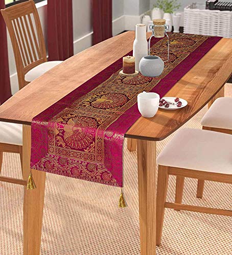 Image of Decorative Dining Table Runner Silk Runners Ends Tassels on Both Sides Banarasi Brocade Silk Tablecloth Decorative 6 Seater Runner Long Size 16x60 Inch (Pink)