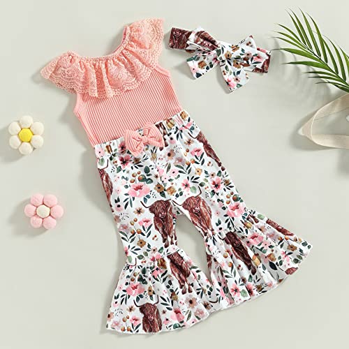 Western Baby Girl Clothes Lace Ruffle Sleeveless Ribbed Romper Cow Flare Pants Headband Set Infant 3Pcs Summer Outfits (A-Pink, 12-18 Months) #TOP3
